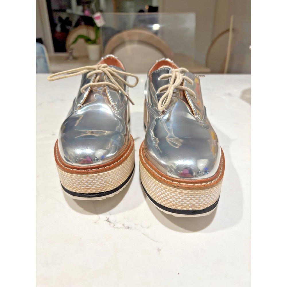 ZARA Silver Metallic Platform Oxford Shoes Size 38 Lace-Up Statement Shoes